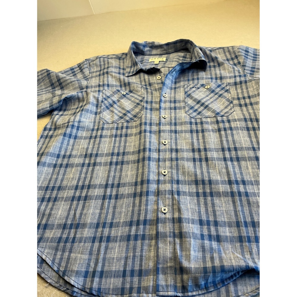 Orvis‎ Short Sleeve Button Down Shirt Blue Plaid Dual Pocket XXL Classic Style